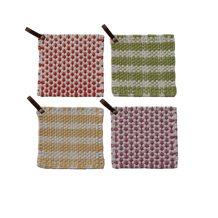 HAZEL MAZEL Cotton Crocheted Pot Holder w Leather